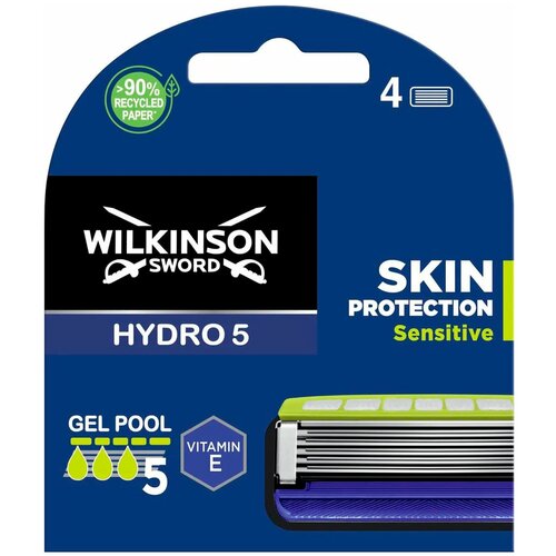 Сменные кассеты WILKINSON SWORD Schick HYDRO5 Skin Protection Sensitive (4 сменные кассеты), 5-лезвийные, гелевая увл. полоса