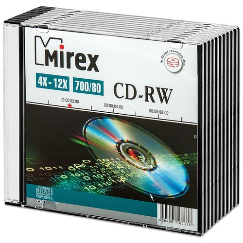 перезаписываемый диск cd rw mirex 700mb 12x slim box 1 шт Перезаписываемый диск CD-RW Mirex 700Mb 12x slim box, упаковка 10 шт.
