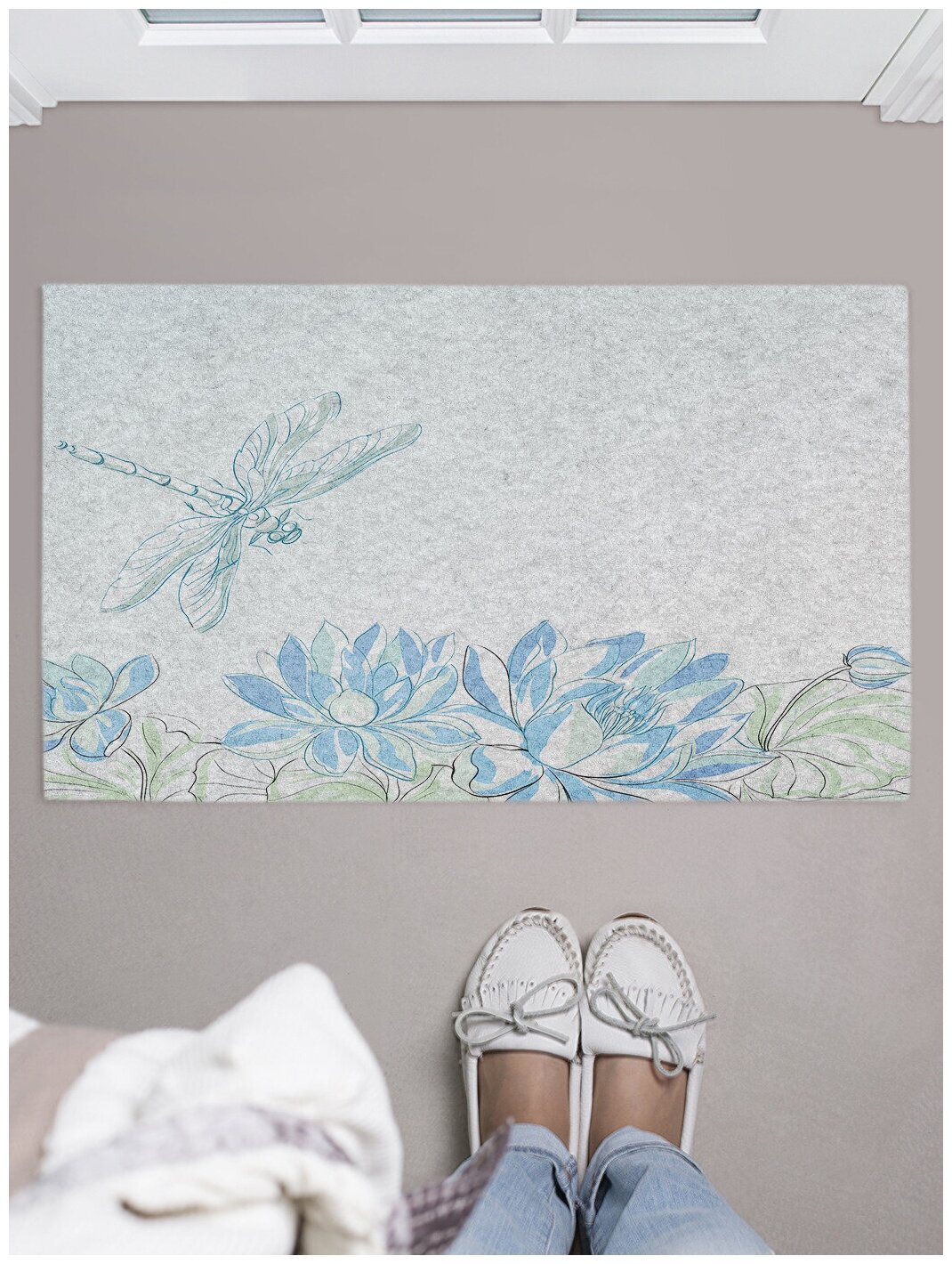 Придверный коврик в прихожую JoyArty "Стрекоза в раю" для обуви, на резиновой основе, 75x45 см - фотография № 1