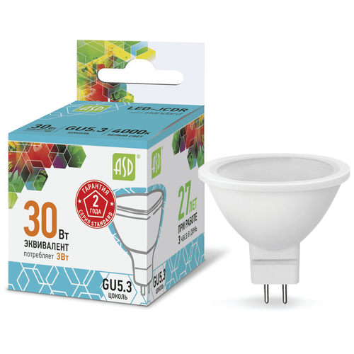 фото Лампа светодиодная led-jcdr-standard 3вт 160-260в gu5.3 4000к 270лм asd 4690612001418 (упаковка 10 шт)