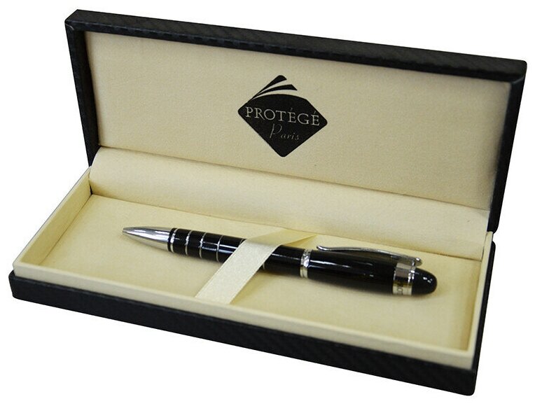 Ручка шариковая PROTEGE, цвет корпуса черный с серебристой отделкой в подарочной коробке
