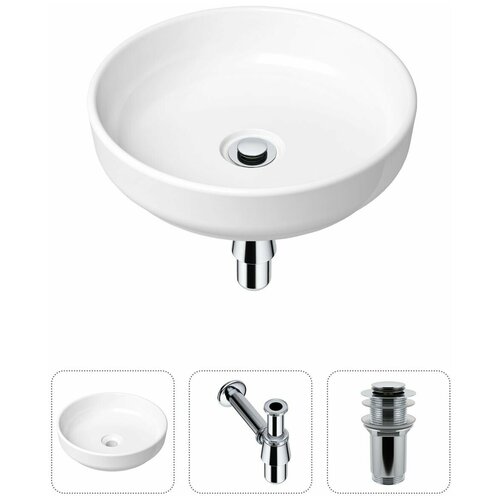 Комплект 3 в 1 Lavinia Boho Bathroom Sink 21520165: накладная фарфоровая раковина 40 см, металлический сифон, донный клапан