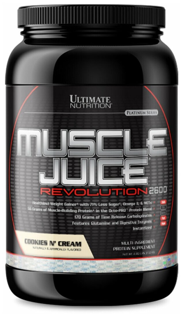 Гейнер Ultimate Nutrition Muscle Juice Revolution 2.13 kg, Cookies N Cream, изолейцин, глутамин, валин (BCAA)