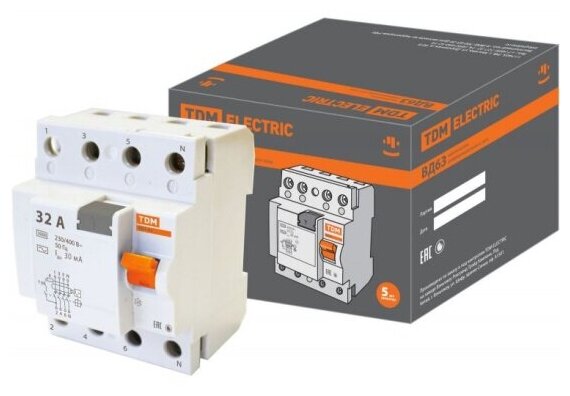 Устройство защитного отключения (УЗО) Tdm Electric ВД63 4Р 32А 30мА (электронное) (SQ0220-0008)