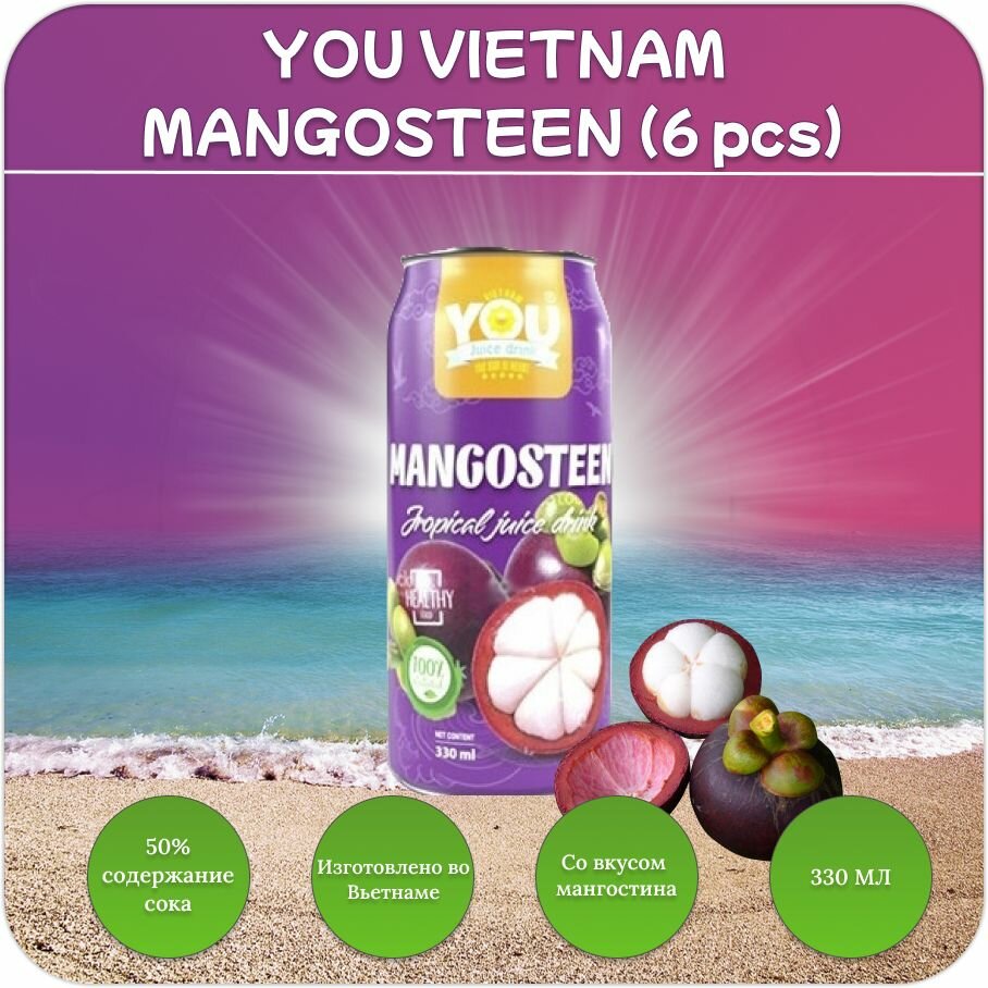 YOU VIETNAM / Тропический сок, Мангостин 50 % / 100% Natural, 6 банок х 330 мл