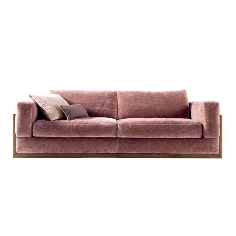 Прямой диван с деревянным декоративным элементом, 260 х 100 см, SITDOWN, "Джой", рогожка, светло розовый