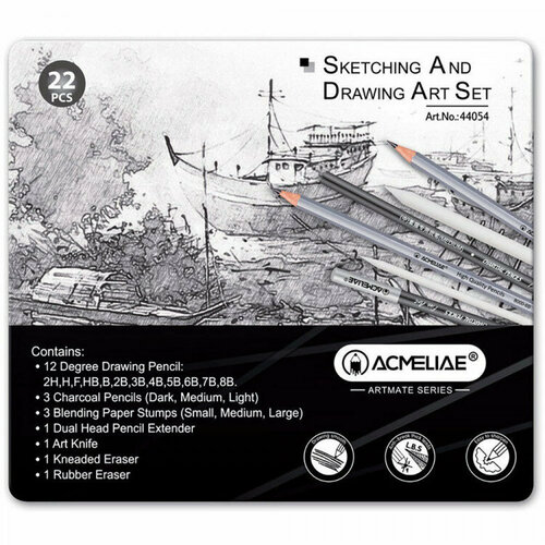 Набор для рисования и скетчинга (ACMELIAE) 22 предмета металлический футляр арт.44054