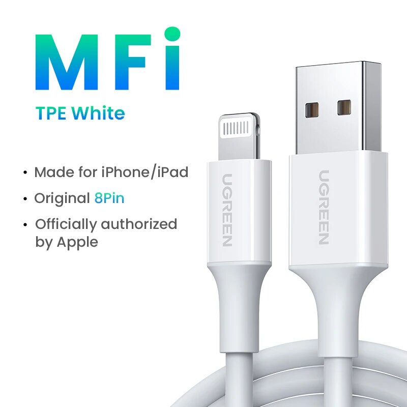 UGREEN MFi USB кабель для iPhone 14 13 12 Pro Max 2.4A Быстрая зарядка кабель Lightning для iPad Mini телефон кабель для передачи данных, TPE White, 0.5m