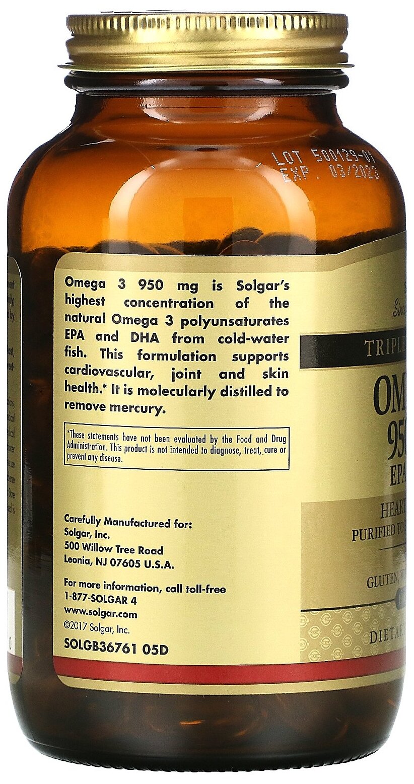 Solgar, Omega 3, EPA & DHA, Triple Strength, 950 mg, омега-3, ЭПК и ДГК, тройной концентрации, 950 мг, 100 капсул — фото 1