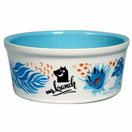 Миска Mr.Kranch для собак и кошек из фарфора Тропики 450мл голубая, MKR080023 (1 шт)