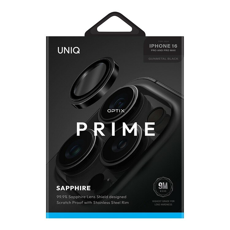 Сапфировое стекло для камеры iPhone 16 Pro/16 Pro Max, UNIQ OPTIX Camera Lens PRIME Sapphire Stainless steel Black