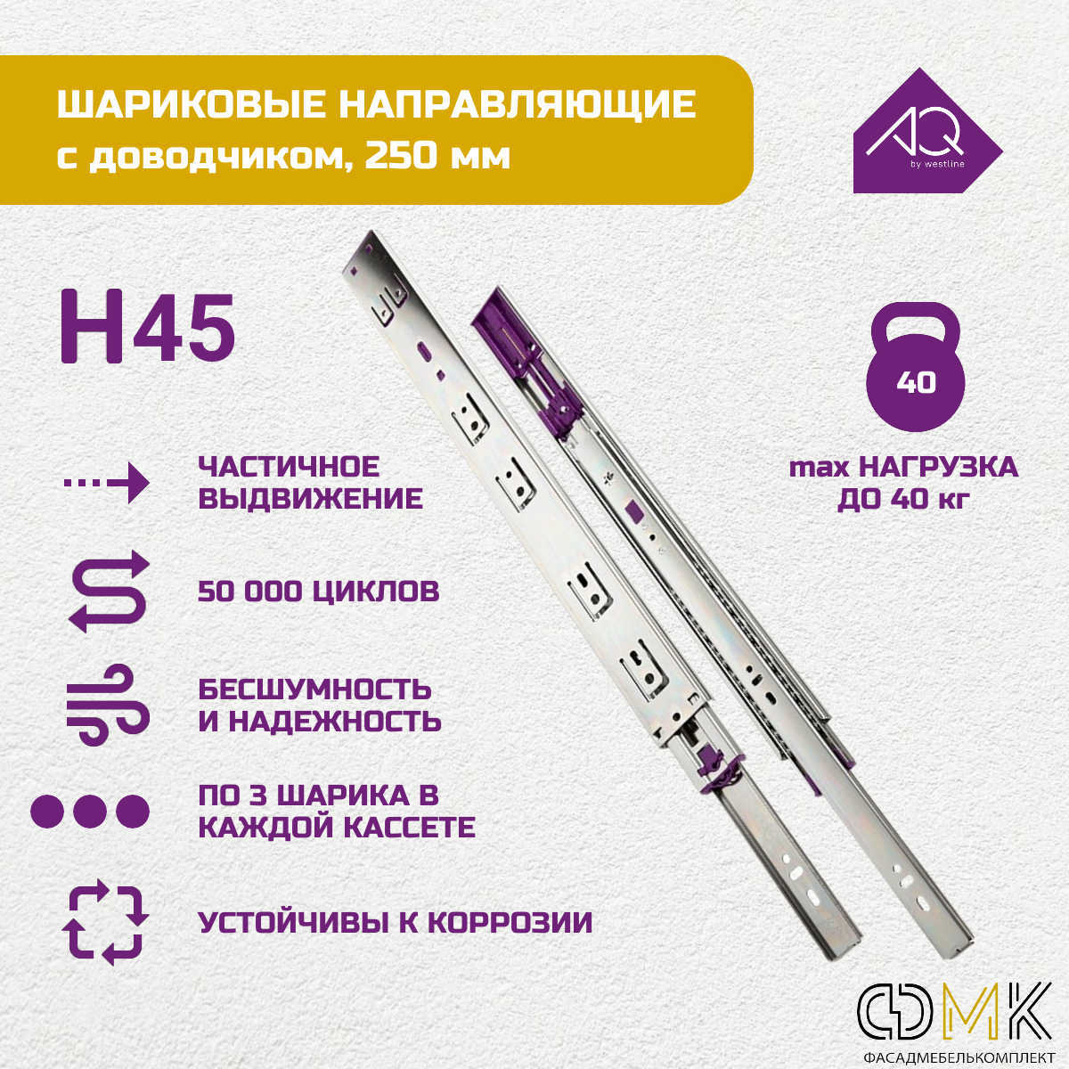 Шариковые направляющие AQ с доводчиком 250 мм, направляющие для ящиков.