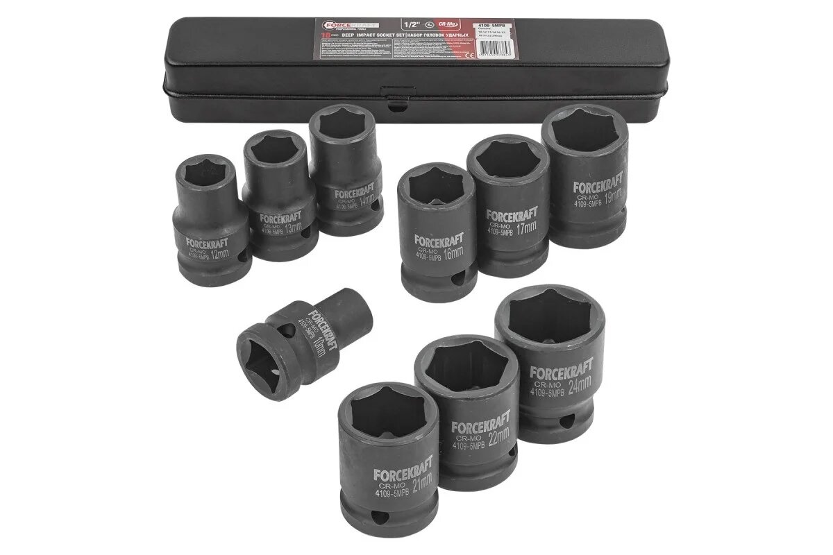 Forcekraft Набор головок ударных 10пр,1/2" 6-гран 10,12,13,14,16,17,19,21,22,24, мм, в металл, кейсе FK-4109-5MPB(54596)
