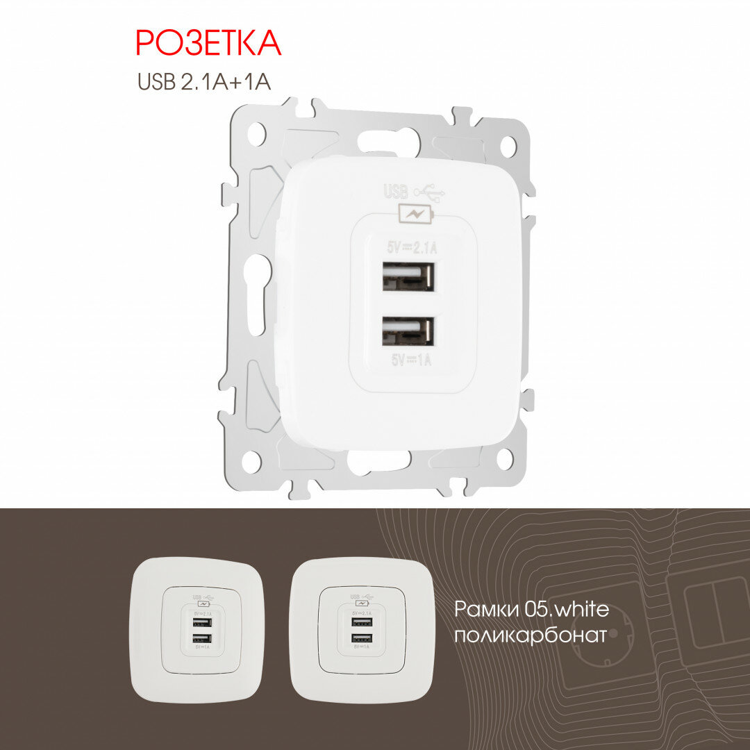 Розетка USB 2.1А+1А 205.46-1. white Arte Milano
