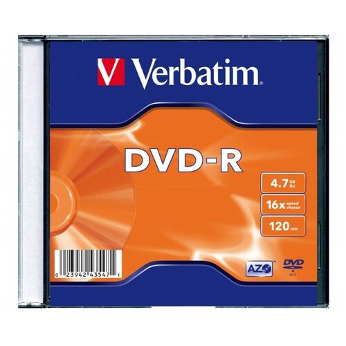 Диск DVD-R Verbatim 4.7Gb 16x Slim case (20шт) (43547) диск dvd r 4 7gb verbatim 16x shrink 10 43729