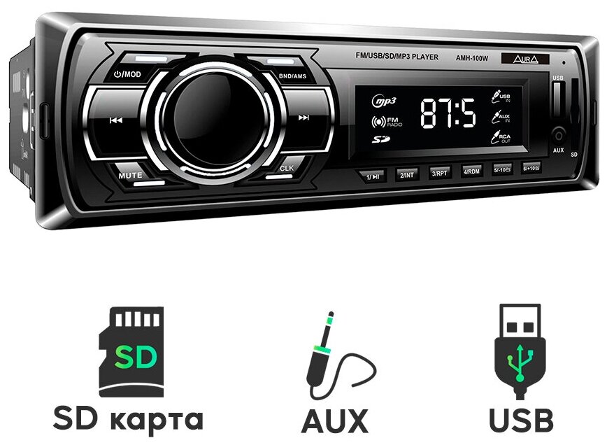 Автомагнитола с поддержкой SD, AUX, USB,1din - Aura AMH-100W