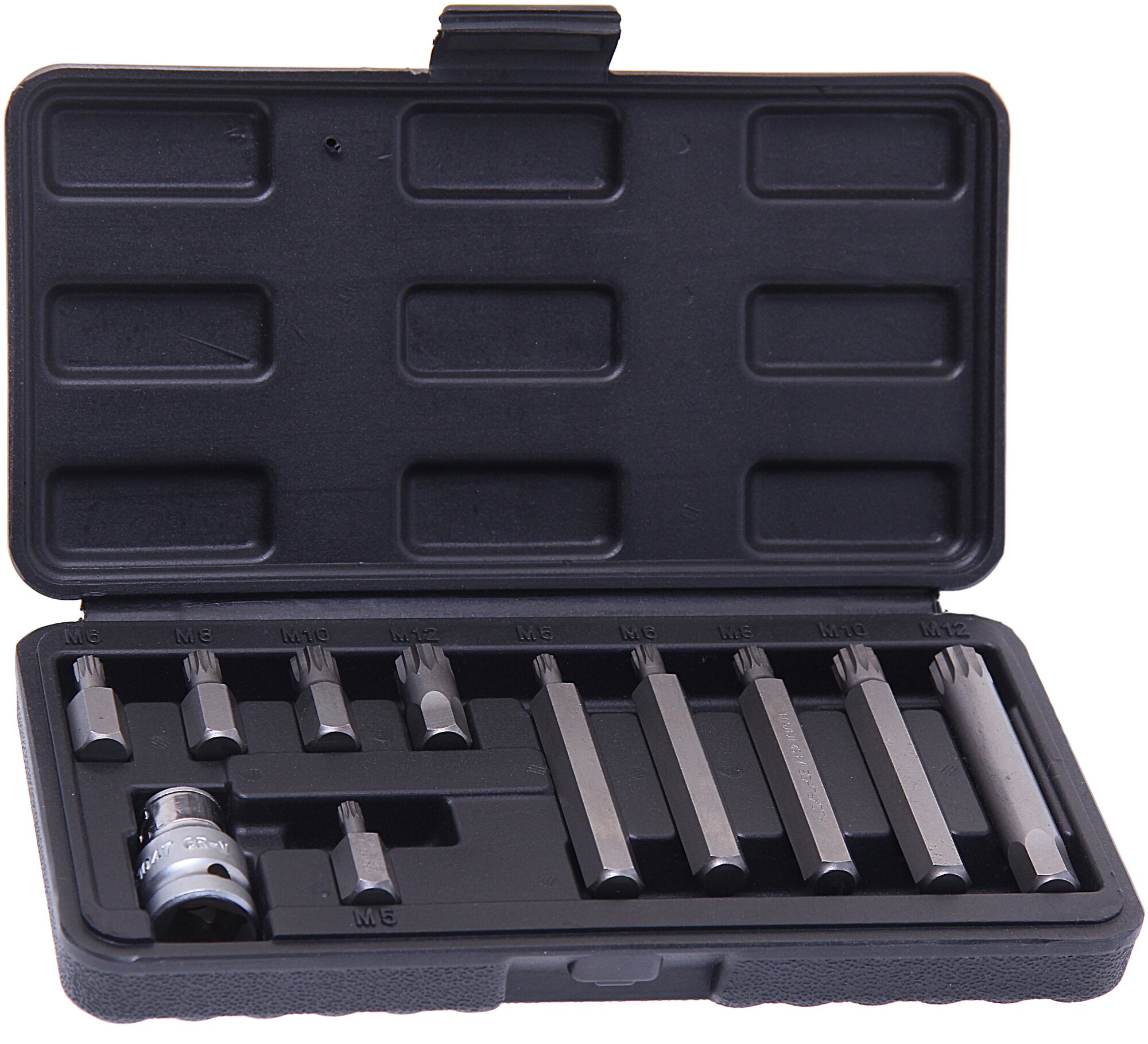 Набор бит RF-4112C SPLINE с битодержателем,11пр. 1/2"(L:30/75мм; M5,М6,М8,М10,M12), в пластик. кейсе ROCKFORCE