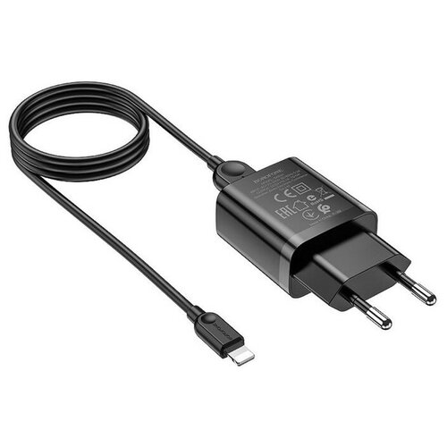 Сетевое зарядное устройство Borofone BA52A, 1хUSB, 2.1 А, кабель Lightning, 1 м, черный сетевое зу borofone ba52a 1хusb а 2 1а кабель am 8pin lightning 1 м белый