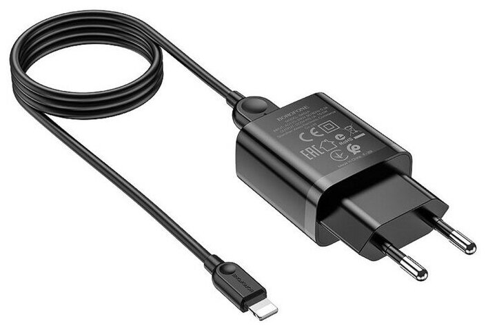 Сетевое зарядное устройство Borofone BA52A, 1хUSB, 2.1 А, кабель Lightning, 1 м, черный