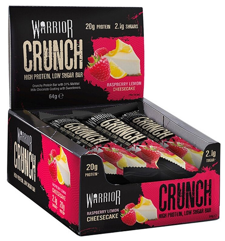 Warrior Протеиновый батончик Crunch High Protein Bar 64г х 12шт (Малиновый чизкейк) 20г белка/ Для похудения и набора мышечной массы