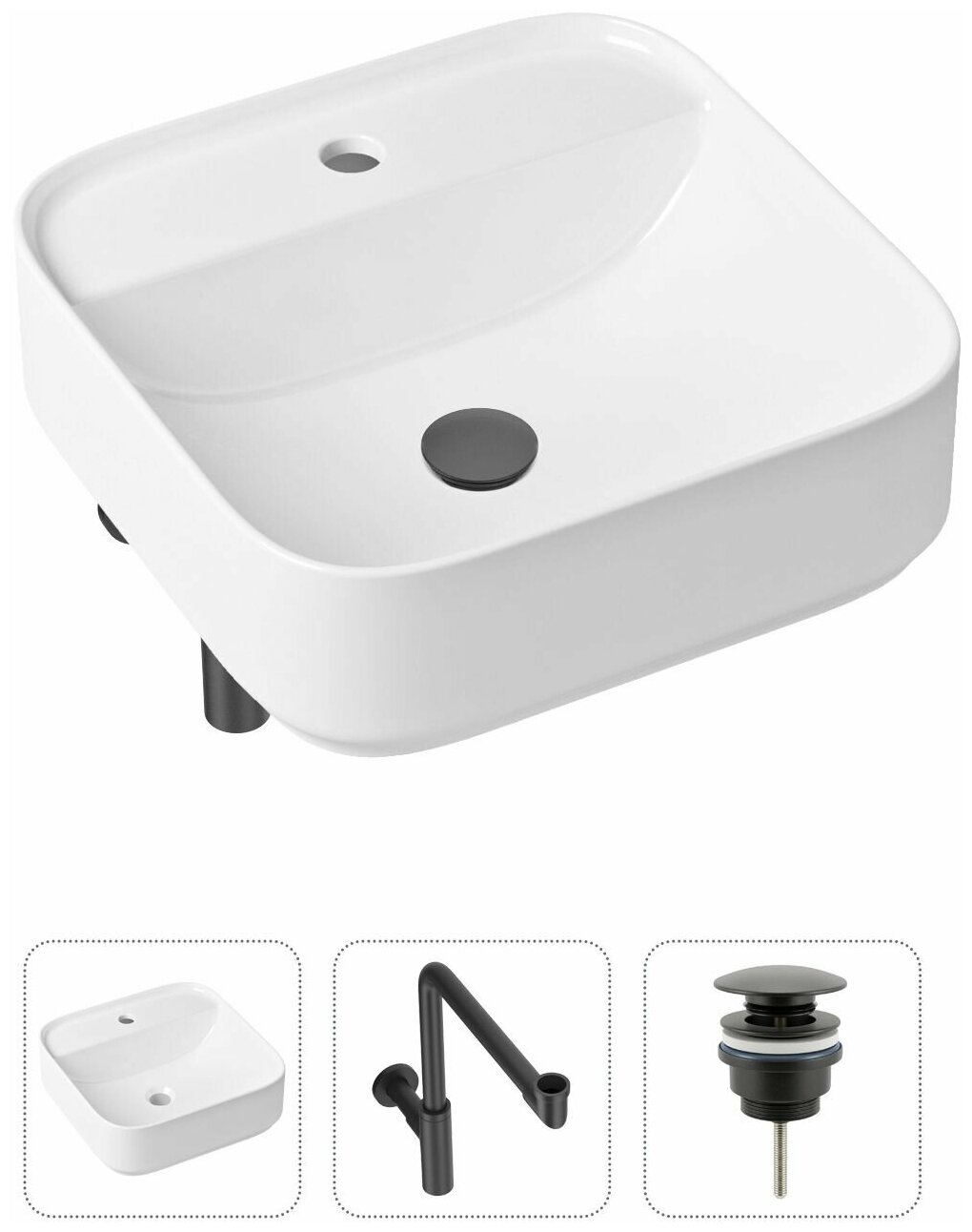 Накладная раковина в ванную Lavinia Boho Bathroom Sink Slim 21520318 в комплекте 3 в 1: умывальник белый, донный клапан и сифон в цвете матовый черный