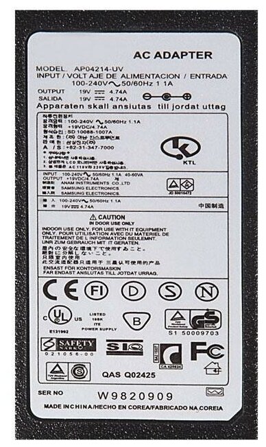 Блок питания (зарядка) для ноутбука Samsung 19V 4.74A 90W (штекер 5.5x3.0). PN: AD-8019, AD-9019, AD-9019A, PA-1900-08S
