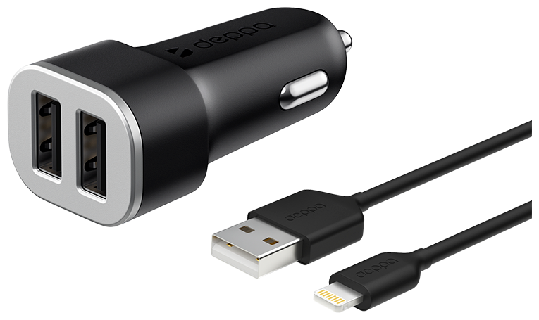 АЗУ 2 USB 2.4А + кабель Lightning, MFI, черный, Deppa