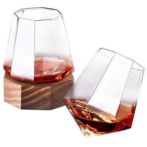 Стеклянный стакан для виски в форме бриллианта на деревянной подставке / бокал Алмаз / многогранный, M&A.corp