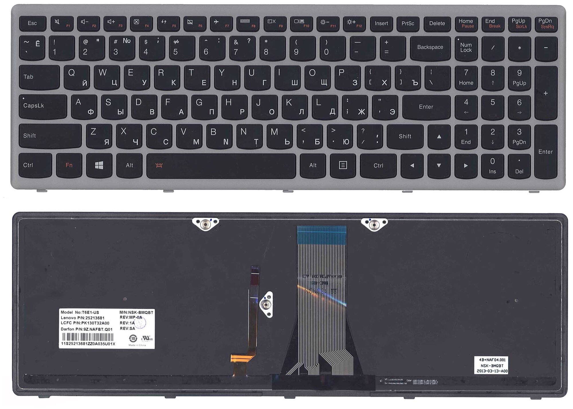 Клавиатура для ноутбука Lenovo IdeaPad Flex 15 S510p черная с подсветкой c серебристой рамкой 1730₽