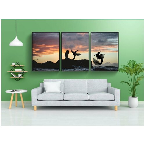 фото Набор модулных постеров для интерьера "русалочка, заход солнца, море" 60x90 см. в тубусе, без рамки lotsprints