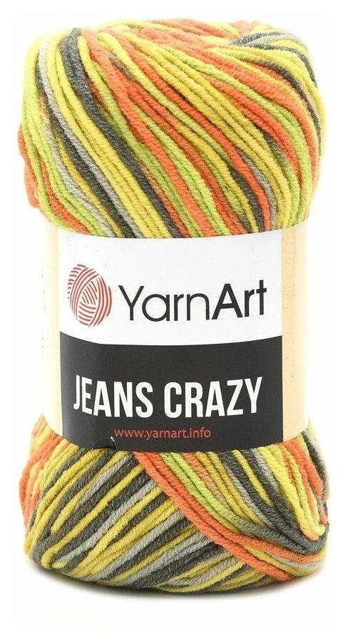 Пряжа YarnArt Jeans CRAZY желтый-оранжевый-салатовый-серый меланж (7201), 55%хлопок/45%акрил, 160м, 50г, 1шт - фотография № 1