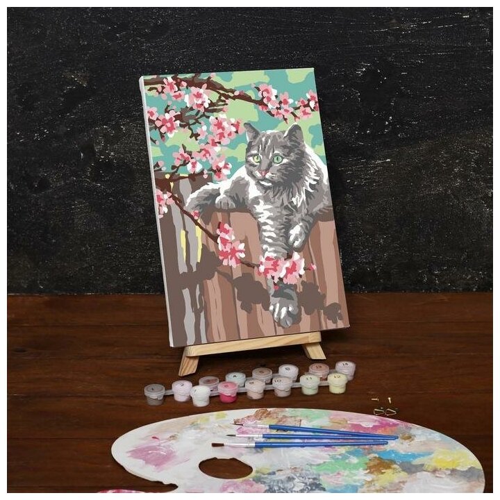 Картина по номерам Школа талантов на холсте, с подрамником "Кот и цветы", 30х20 см