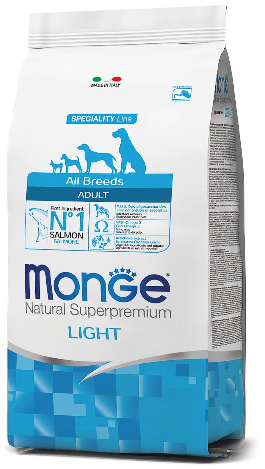 Корм Monge Dog Speciality Light корм для собак всех пород низкоколорийный лосось с рисом 2,5 кг