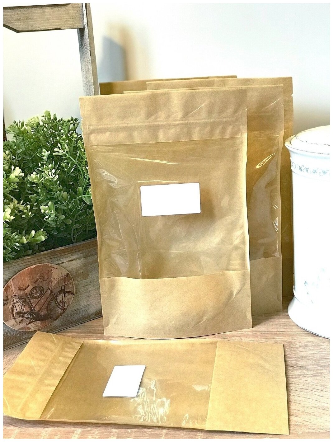 Крафтовые дой-пак пакеты 1,2 литра для сыпучих продуктов (5шт) с наклейками (10шт)