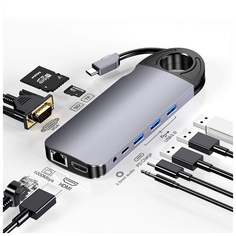 Адаптер/Хаб/Переходник/Концентратор USB-C HUB 10 в 1, 3xUSB 3.0, RJ45, HDMI 4K, VGA, SD Card, 3.5MM audio port, PD Зарядка до 100W для MacBook Pro/Air