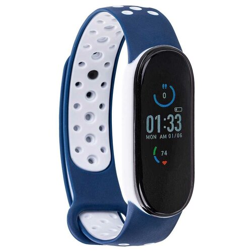 Ремешок для Xiaomi Mi Band 5 Силикон. Вентиляция. Синий с белым.