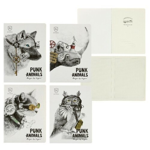 Блокнот А6, 24 листа в клетку, 105 х 142 мм, Landuo PUNK ANIMALS, сшивка, микс 4 вида