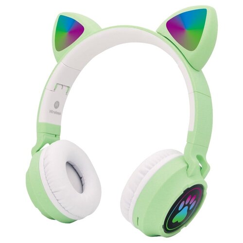 Cat Ear Headphones - B-30 Светло-зелёные. Беспроводные bluetooth наушники кошачьи ушки, лапки светящиеся.