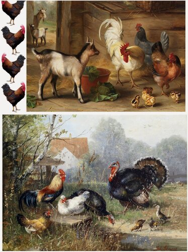 Изображение товара Рисовая бумага для декупажа А4 ультратонкая салфетка 0672 ферма деревня петухи птицы индюк винтаж крафт Milotto