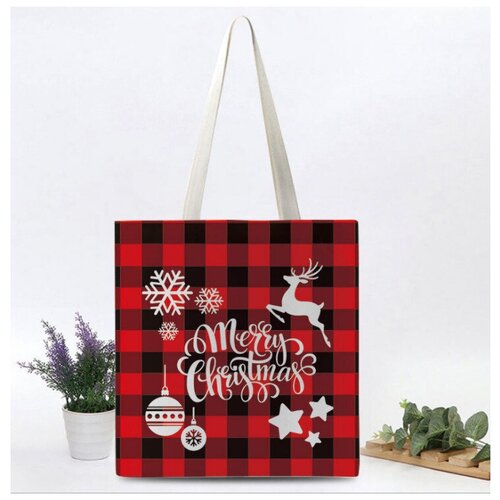 фото Сумка - шоппер fantasy earth в клетку новогодня "merry cristmas" / с новым годом / с рождеством
