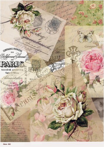 Изображение товара Рисовая бумага для декупажа карта салфетка А4 тонкая 0882 розы цветы письмо винтаж крафт Milotto