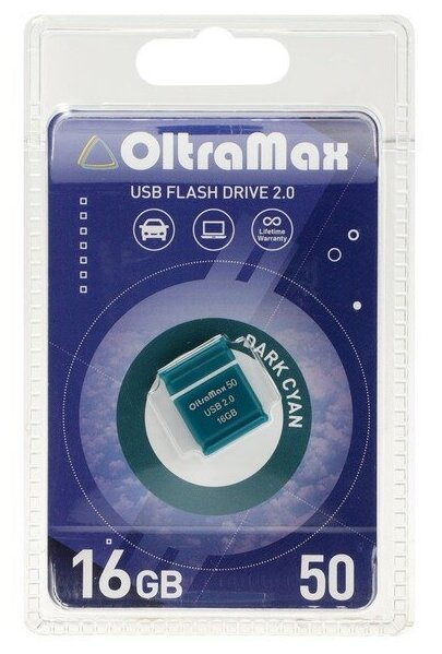 Флешка OltraMax 50, 16 Гб, USB2.0, чт до 15 Мб/с, зап до 8 Мб/с, т/зеленая