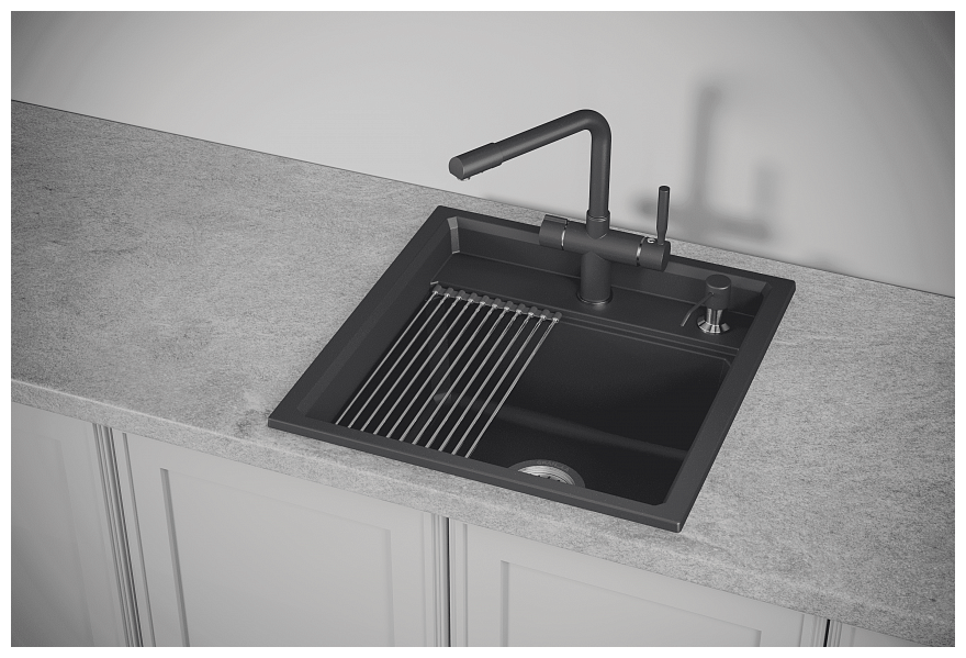 Кухонная мойка кварцевая Granula KS-5002 квадратная, китчен спейс, чаша 375x440, цвет чёрный (5002bl) - фотография № 2