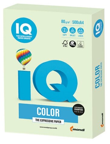 Бумага цветная IQ color, А4, 80 г/м2, 500 л., пастель, светло-зеленая, GN27