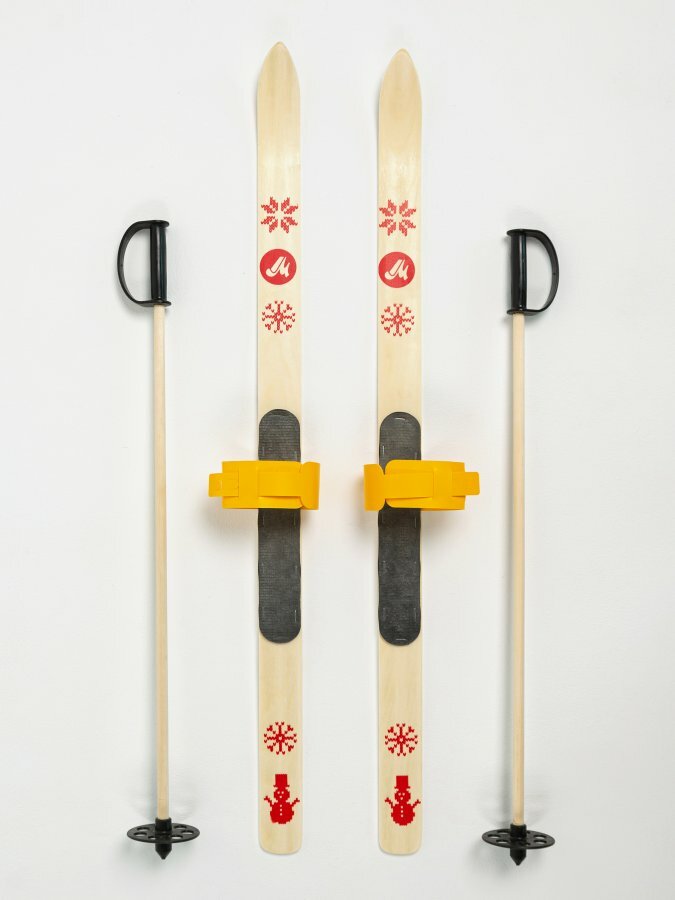 Лыжи детские BABY 100 см с креплениями и палками деревянные желтые
