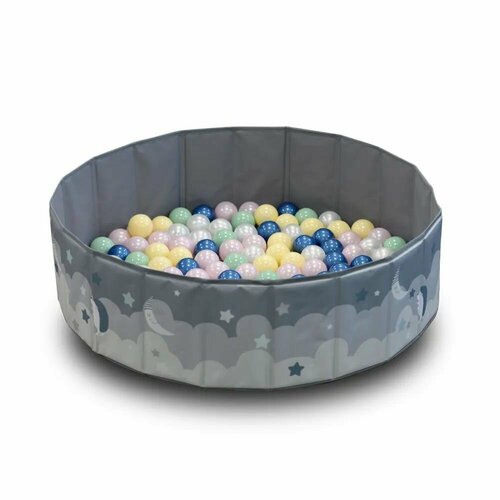 Детский сухой бассейн UNIX Kids Dino 100 см Grey + 150 шариков 6 цветов, складной, сумочка в комплекте, высота бортиков 30 см, диаметр шарика 70 мм серый