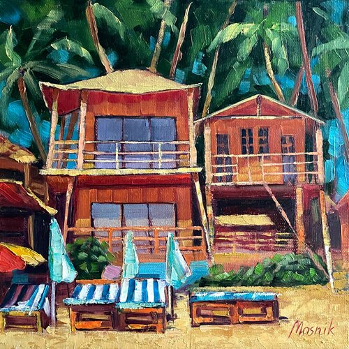 Тропические пляжные домики картина маслом на холсте 30х30 см ручная работа авторская масляная живопись пейзаж