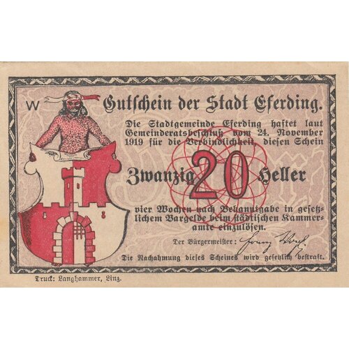 Австрия, Эфердинг 20 геллеров 1919 г. (W) австрия эфердинг 20 геллеров 1919 г a