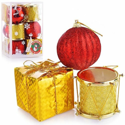 Набор новогодних украшений Снеговичок 12 шт х 4 см, золотой и красный цвета, в коробке (S1032)