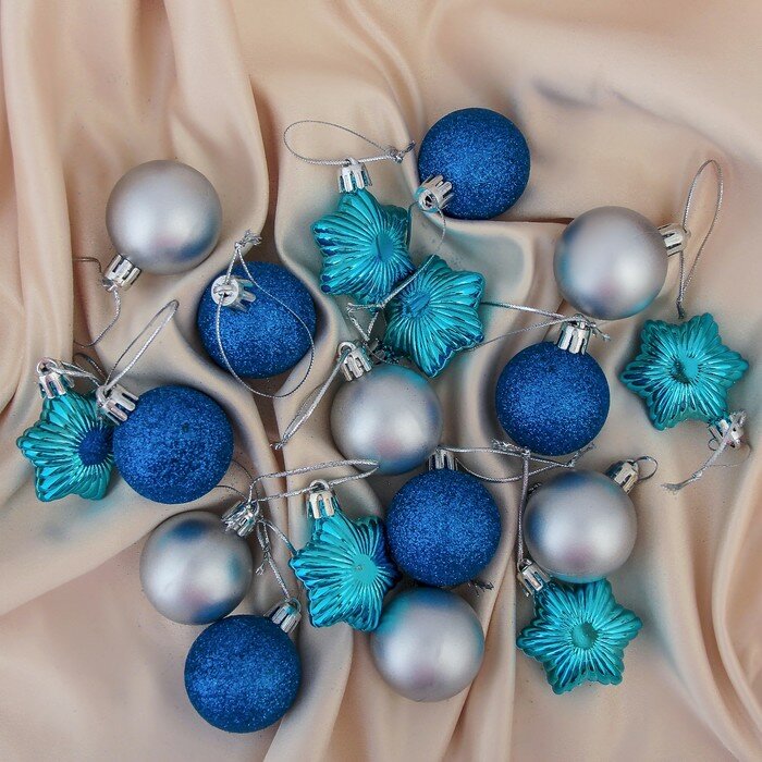 Набор украшений Зимнее волшебство "Звездный", 12 шаров, диаметр 4 см, 6 звезд, синие, серебристые, пластик, 18 шт